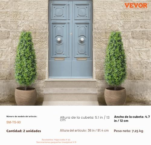 Árbol Topiario Artificial de Boj, 2 Piezas, Planta Verde Artificial con Hojas Adicionales, Maceta y Pequeña Decoración, con Clasificación UV para Decoración del Hogar, 300 x 300 x 920 mm, PE
