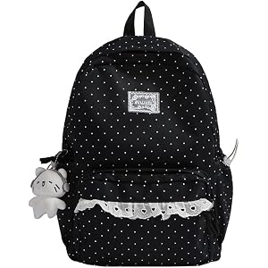 GETERUUV Cute Polka Dot Backpack - Coquette Back Pack with Lace Trim & Plush Charm, Kawaii Casual Daypack for Classes travel