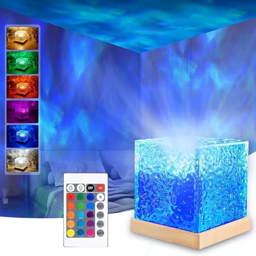 Ocean Wave Projector Light with Remote Control, 16 Colors USB Powered Underwater Night Light for Bedroom, Soothing Mood Lamp for Kids & Adults (Cube)