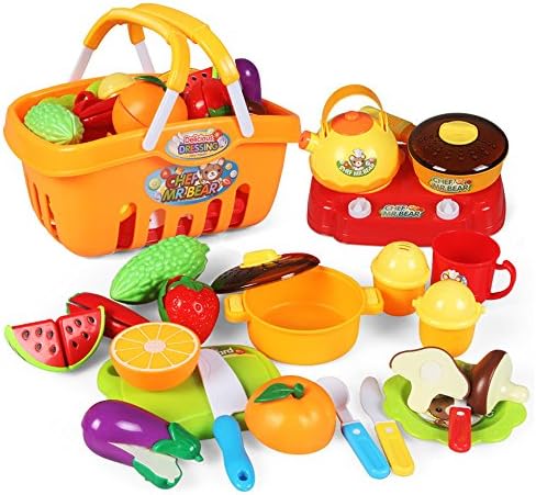 meibeile Kids Pretend Play Toys Kitchen Set, Cutting Fruits Vegetables Cooking Toys for Children Girls 20PCS with Basket