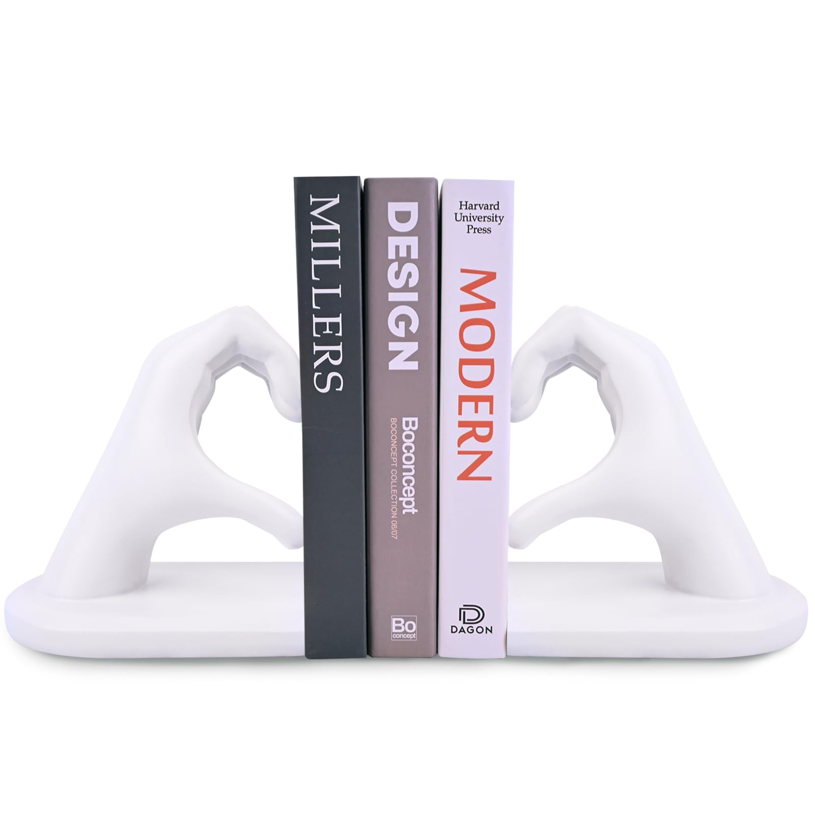 White Gesture Decorative Bookends - Heart Hands Sculpture Bookend, Creative Book Stopper and Holder for Books - Perfect for Living Room, Home Decoration, and Office Shelf Dividers