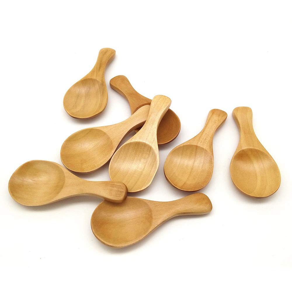 Domilay 8Pcs Small Wooden Salt Spoon Solid Wood Condiments Spoon Handmade Honey Teaspoon Seasoning Sugar Coffee Tea Jam Mustard Ice Cream Milk Crude Wood
