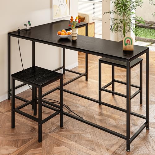 Simple Wisdom Barra Desayunador para Cocina,Barra de Cocina Convertible en Forma de L con Tomas de Corriente,Barras para Cocinas Pequeña de 3 Piezas y 2 Taburetes,Juego de Mesa de Bar(Color Negro)