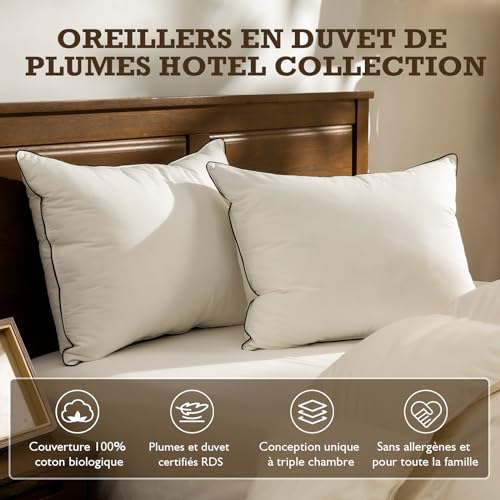 BPC Organic Feather Duvet Pillow 60 x 60 cm Pack of 2, Luxury Hotel Pillow with 3 Bedrooms, Pillow 60 x 60 cm Duvet with 100% Cotton Cover and Goose Feather Filling, White