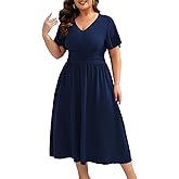 CARROTMOB Women's Plus Size Summer V Neck Long Dresses Short Sleeve A Line Ruffle High Waist Flowy Casual Dress