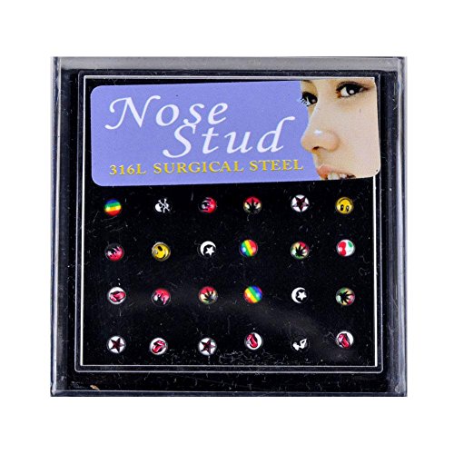 Yantu 18/24/40/60 316L Surgical Steel Nose Stud Nose Rings Bone Stud Gem Star Shape Lot 24 Pieces in Case Mix Colors