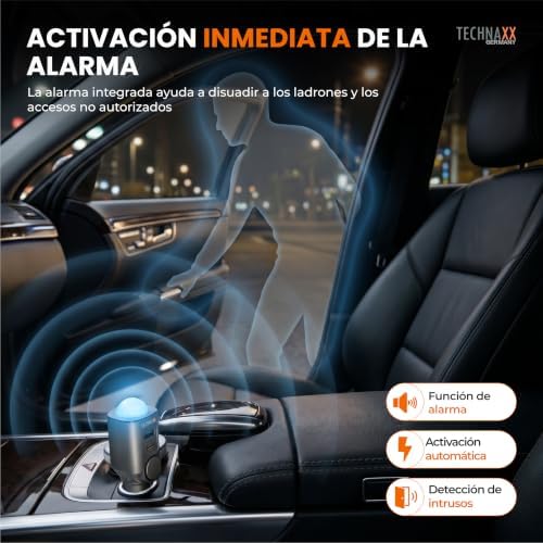 Alarma de coche con sensor de movimiento PIR – Alarma plug-in 12–24V con sirena 110dB, batería de 6 días, puertos USB-A & USB-C, pantalla LED y control remoto - 2026 Update Model - TX-100