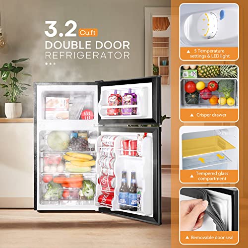 Upstreman 3.2 Cu.Ft Mini Fridge with Freezer, Double Door Mini Fridge