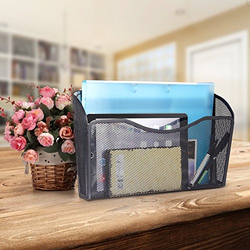 Samstar 3 Pocket Mesh Wall File Holder Organizer, Hanging Wall Mounted Mail Organizer Letter Sorter (Black)
