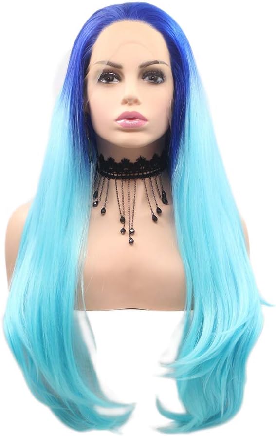Blue Ombre Wig Realistic Lace Front Wigs for Women Mixed Colorful Long Nature Wavy Synthetic Wig with Baby Hair Glueless Cheap Wig Heat Resistant Fiber Hair Drag Queen Costume Make Up 24inch