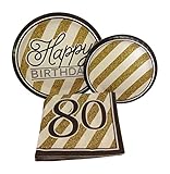 Black and Gold Happy 80th Birthday Party Bundle with Paper Plates and Napkins for 8 Guests