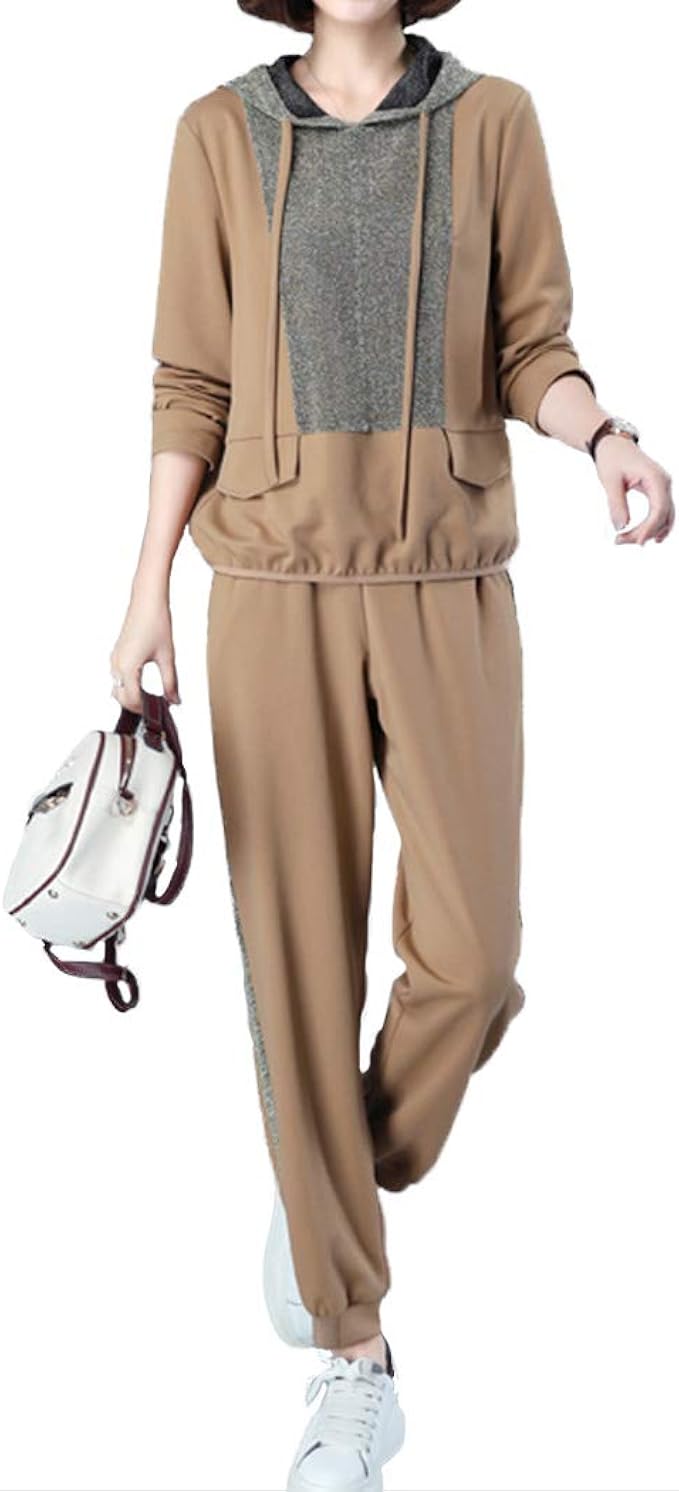 Amazon セットアップ レディース ジャージ 上下 ゆったり ｔシャツ フード付き テーパードパンツ お洒落 上下セット ライン 服 ポリエステル ラメ 切り替え ジャージ上下セット 通販