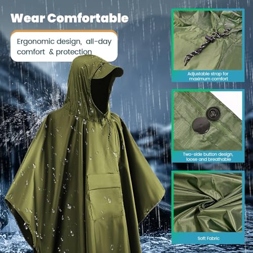 Stynice Lightweight Waterproof Rain Poncho Men & Women - Multi-Purpose Rain Jacket Outdoor with Hood Foldable Bag for Camping Hiking Hikking - Breathable 3-in-1 Rain Cape