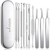 Comedone Extractor Tool , Aooeou Stainless Steel Pimple Acne Blackhead Remover Curved Tweezer Treatment for Blemish, Whitehead, Zit Popping Alcohol Prep Pad 9pcs/set