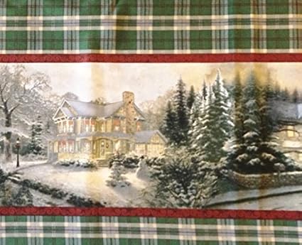 Thomas Kinkade Victorian Houses Christmas Winter Scene Green Plaid
