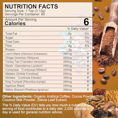 250g Mushroom Coffee - Lion's Mane Mushroom Instant Coffee Powder with Lions Mane, Reishi, Chaga, Cordyceps, Turkey Tail - Mushroom Alternative Coffe for Energy, Mental Clarity & Focus, Brain Booster