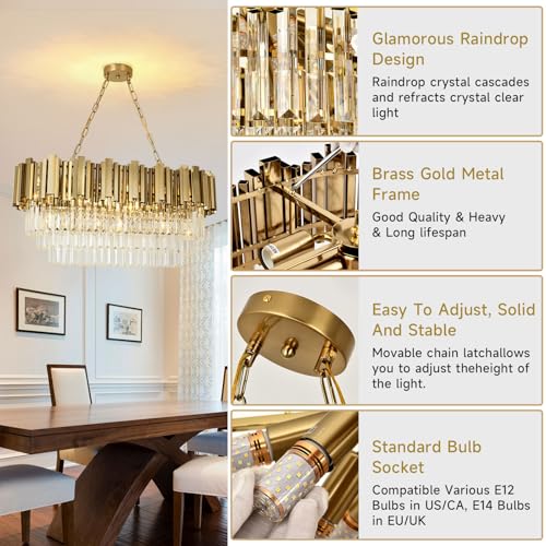 AOOCHOK Modern Gold Crystal Chandelier, Oval Crystal Chandelier, Suitable for Living Room, Dining Room, Bedroom and Restaurant, 80*35cm