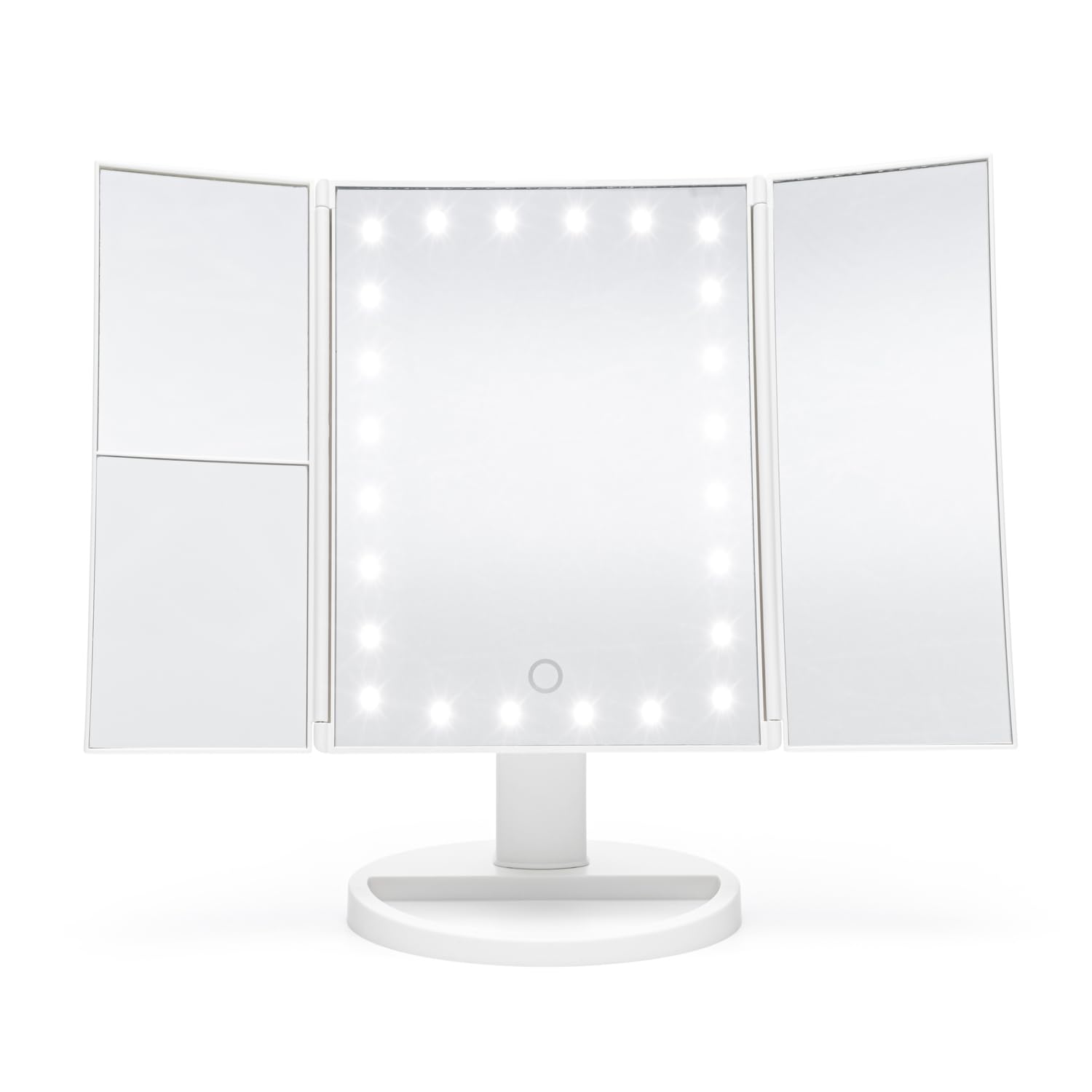Rio 24 LED Tri-Fold Makeup Mirror with Touch Dimmable Lights, 3X/2X Magnification, 3 Color Modes, Portable Dual Power Cosmetic Vanity Mirror for Home and Travel, Perfect for Close-up Beauty (White)