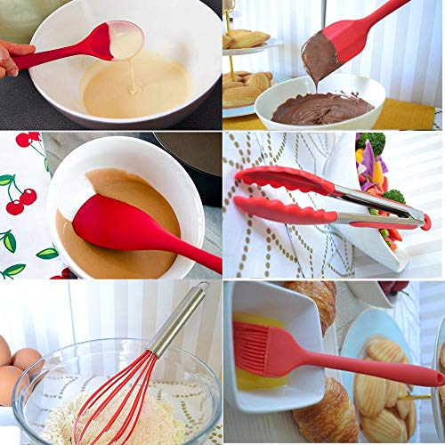 Cooking Utensils - Kitchen Utensil Set - Cooking Tools 10+1 Piece - Silicone Kitchen Utensils with Serving Tongs,Spoon,Spatula Tools,Pasta Server,Ladle,Whisk and Free Spoon Rest Gift(Red)