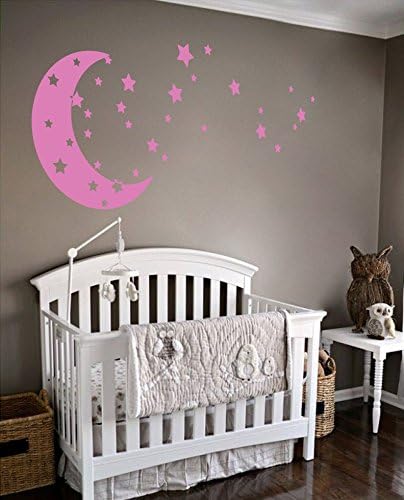 Moon and Stars Night Sky Vinyl Wall Art Decal Sticker Design for Nursery Room DIY Mural Decoration (Bubble Gum, 22x49 inches)