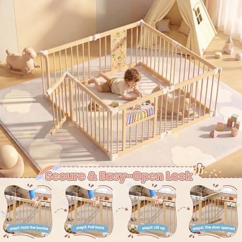 BLEKOO Portable Wooden Baby Playpen with Gate - Foldable 6-sided Activity Center, Adjustable Indoor Play Yard for Infants & Toddlers, Expands to 56" x 56" x 24" Safety Fence