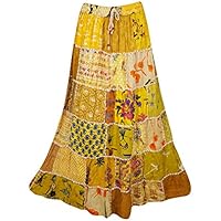 Women's Long Skirt Yellow Vintage Ethnic Patchwork Rayon Maxi Skirts S/M