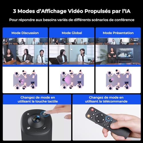 Nuroum 360 Pro Webcam avec Microphone et Haut-Parleur, Caméra de Vidéoconférence Tout-en-Un Grand Angle, 3 Modes IA, Cadrage Automatique,6 Micros Antibruit, USB Plug & Play pour PC/Zoom/Teams,Gris