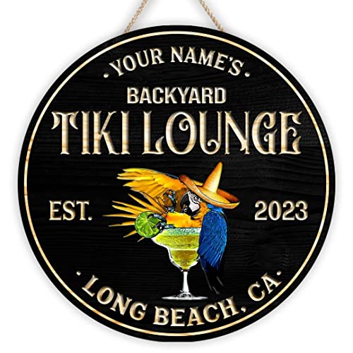 Tiki Bar Parrot Tropical Round Sign, Personalized Custom Wood Porch Decor at Amazon