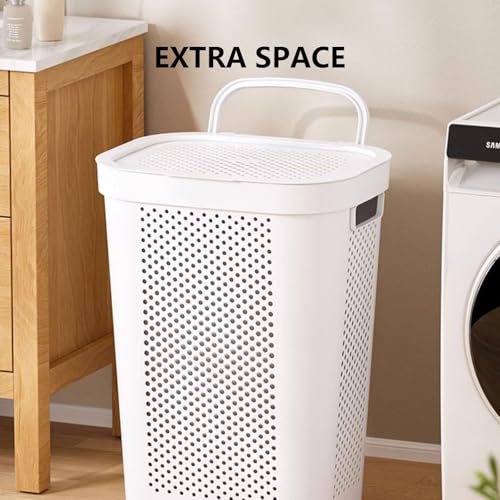 SLEEPHEAD®Laundry Basket with Wheels, Hand-Held Laundry Basket with Lid, Plastic Laundry Hamper Storage Bucket with Mini Basket, for Kitchen Bedroom Bathroom Closet(White) (white)