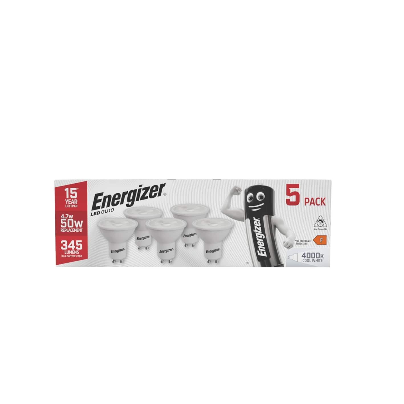 Energizer GU10 LED Bulbs Cool White. 50w Equivalent Spotlight Bulbs. 4000k 345 Lumen. Non Dimmable - Pack of 5
