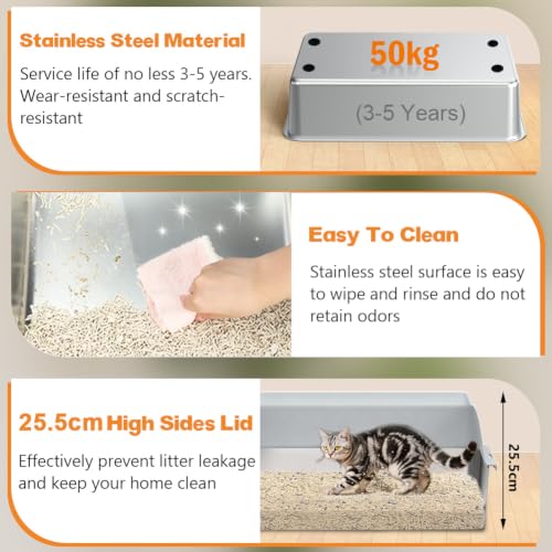 Vivifying Stainless Steel Cat Litter Tray, XL Stainless Steel Cat Litter Box Easy to Clean and Odour-Resistant with Scoop for Cats up to 8.2kg (Light Grey)