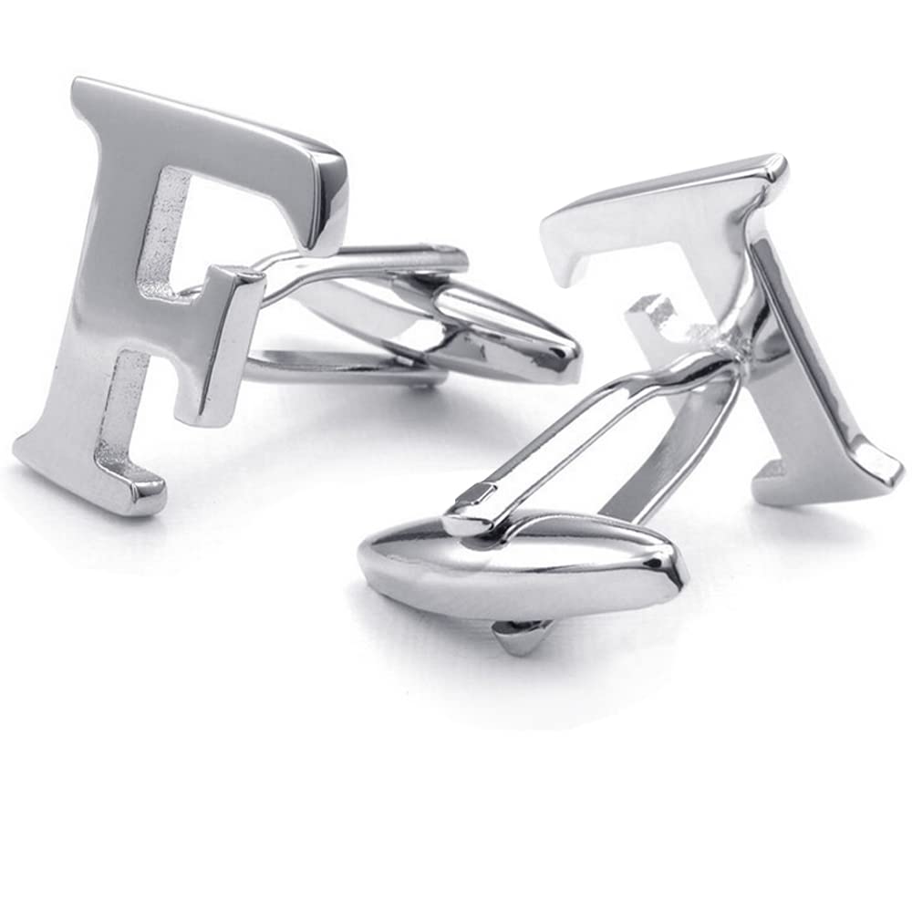 HONEY BEAR Mens Initial Alphabet Letter Silver White Steel Wedding Formal Business Cufflinks (F)