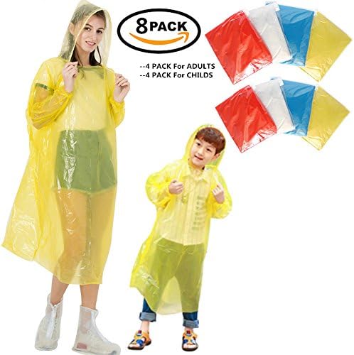 Normei Emergency Disposable Rain Ponchos for Adults Teens (8 Pack) with Drawstring Hood and Elastic Sleeve Ends 0.03mm Thicker Assorted Colors Family Pack