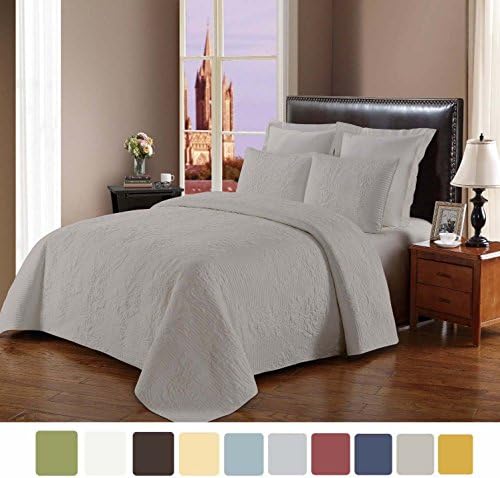 NC Home Fashions Cameo embroidered style solid color quilt set, King, Silver Gray