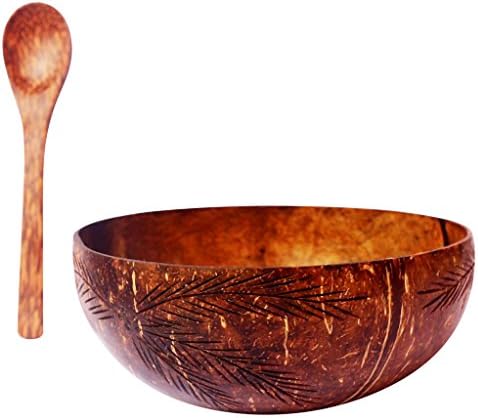 VIBE Coconut Smoothie Bowl with Spoon - Mix and Match, 8 Designs To Choose From. Hand-Carved and Sustainably Produced By Top Coconut Bowl Artisan - Natural - Premium, Vegan, Buddha Bowls (Mai)