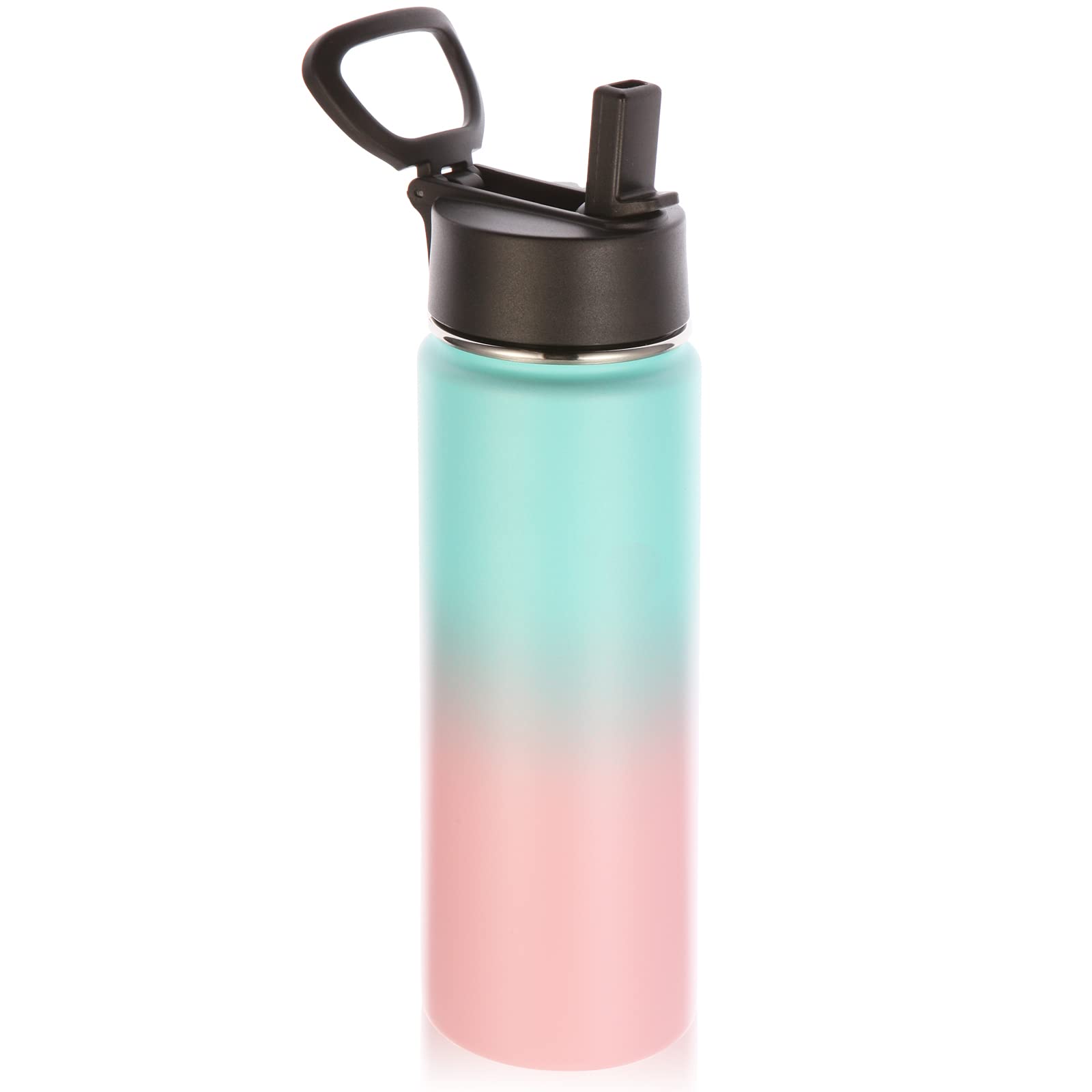 Volhoply 660ml Insulated Water Bottles with Straw Lid, Stainless Steel Sports Bottle with Handle,Vacuum Metal Travel Water Tumbler with Wide Mouth, Reusable Water Flask for Hiking (Green Pink,1 Set)