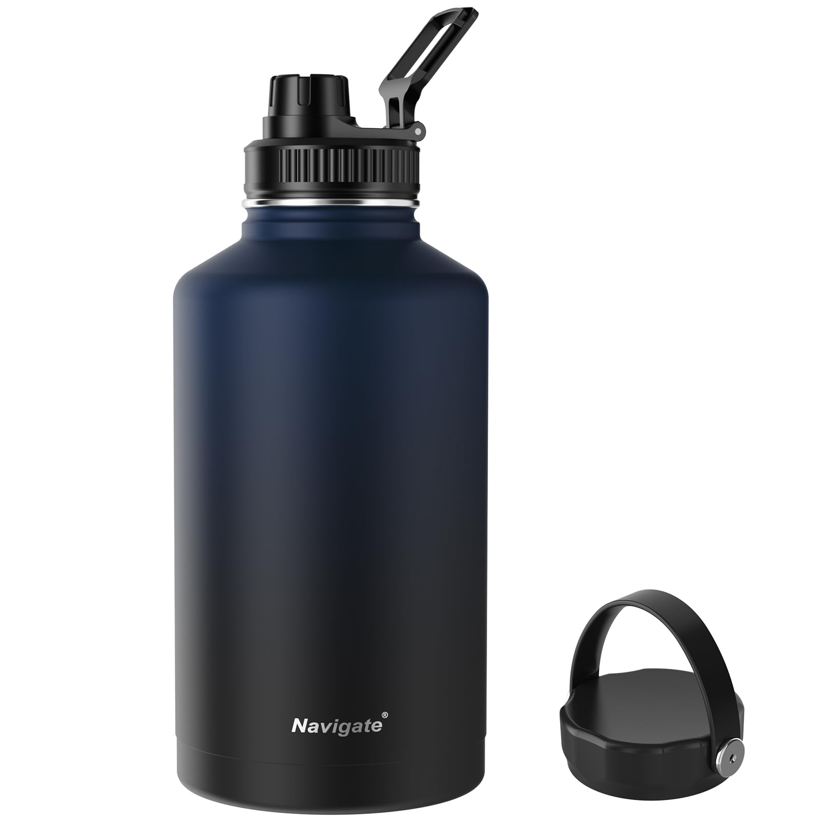 Navigate 64 oz Stainless Steel Insulated Water Bottle,Double Walled Leak Proof Keep Cold for 24 Hrs Hot for 12 Hrs,Wide Mouth Water Jug with Spout & Handle Lids,Blue to Black Image
