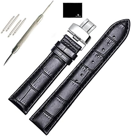 TON CHARME Calf Leather Watchband With Butterfly Deployment Clasp Black/Brown/Light Brown 18/20/22mm (18mm, Black)
