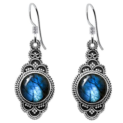 Oxidized 925 Sterling Silver Labradorite Handmade Vintage Inspired Dangle Hook Earrings