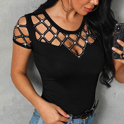 Sunhusing Ladies Sexy Hollow Hole Round Neck Short Sleeve Shiny Beaded Embellished Solid Color T-Shirt Top Black - Thumbnail 4
