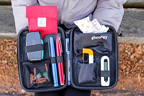 GlucologyTM Diabetic Travel Case - Organizer for Blood Sugar Test Strips, Medication, Glucose Meter, Pills, Tablets, Pens, Insulin Syringes, Needles, Lancets - Hardshell Pack - Expandable, Red