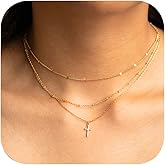 CDKD Cross Necklaces for Women 3Pcs Stackable Sterling Silver/14K Gold Plated Cross Pendant Necklaces Dainty Layered Silver Bead Cross Strip Chain Necklace
