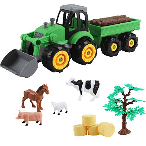 deAO 28-teiliges Bauernhof Spielset mit DIY-auseinanderziehbarem Traktor und Anhängern, manuellem Schraubendreher… – Bild 3