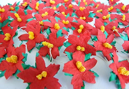 ICRAFY 50 pcs. Red Christmas Mulberry Paper Flower White Rope Wire Artificial Craft Scrapbook Wedding Supply Accessory DIY, Assorted Color, Size 3 cm.