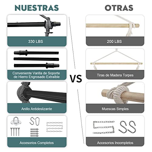 AzzmaAii Hamaca Colgante para Silla, Silla Hamaca Colgante de Cuerda con Cojín y Barra de Metal Silla Colgante al Aire Libre Silla Columpio Sillas Colgantes Portátil al Aire Libre Cuerda Colgante