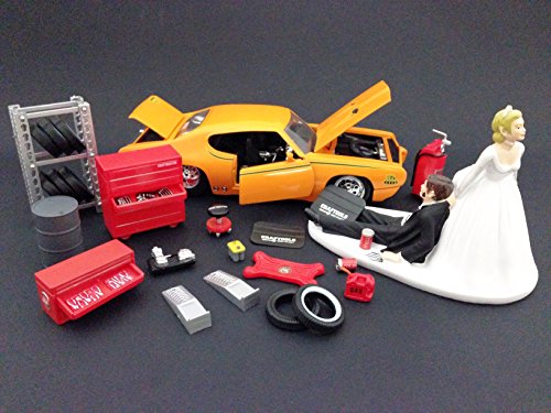 Funny Auto Mechanic Car Loving Groom Being Dragged by Bride Wedding Cake Topper with 1969 Orange Pontiac GTO Judge - Unique Wedding Cake Decoration Ideas - Perfect Grooms Cake Topper Decoration