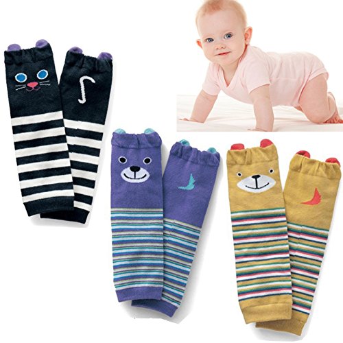 Kakalu Baby Knee Pads for Crawling, 3 Pairs Breathable Unisex Toddler Cute Animal Leg Sleeve Warmers Thermal Infant Knee Pads Safety Protector Elbow Kneepads Baby Boots Socks + Gift