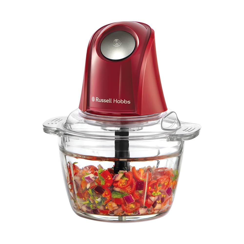 Russell Hobbs Zerkleinerer Elektrisch Mini [Glasbehälter mit Deckel] Desire Red (500ml, 2-flügeliges Edelstahlmesser, Mixer, Multi-& Universalzerkleinerer für Obst, Gemüse & Fleisch, 350W) 27132-56