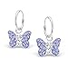 925 Sterling Silver Light Purple & White Crystal Butterfly Dangling Hoop Earrings 2916