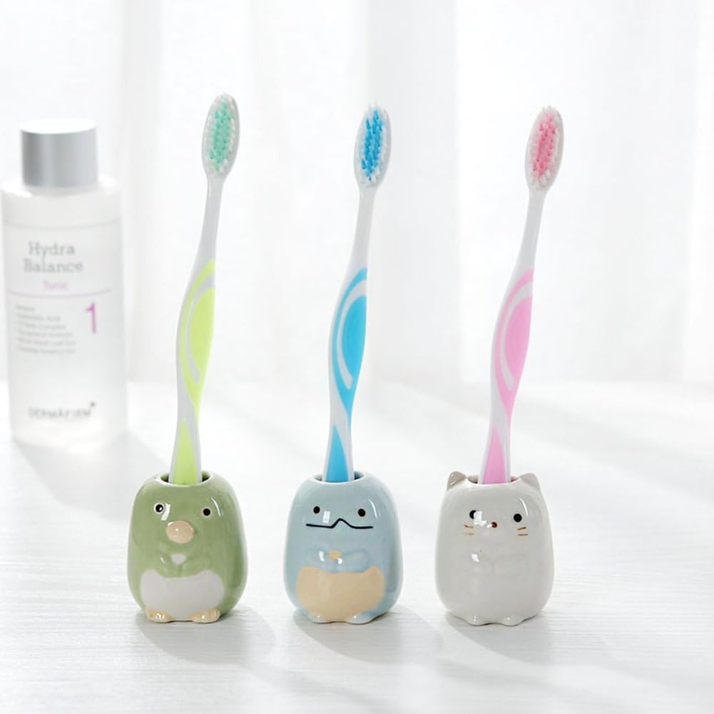 JaswassMini Ceramic Toothbrush Holder Set of 4 Cute Animal Design (Dinosaur & Bear), Small Bathroom Storage Organizer for Toothbrush, Cotton Swabs, Toothpicks